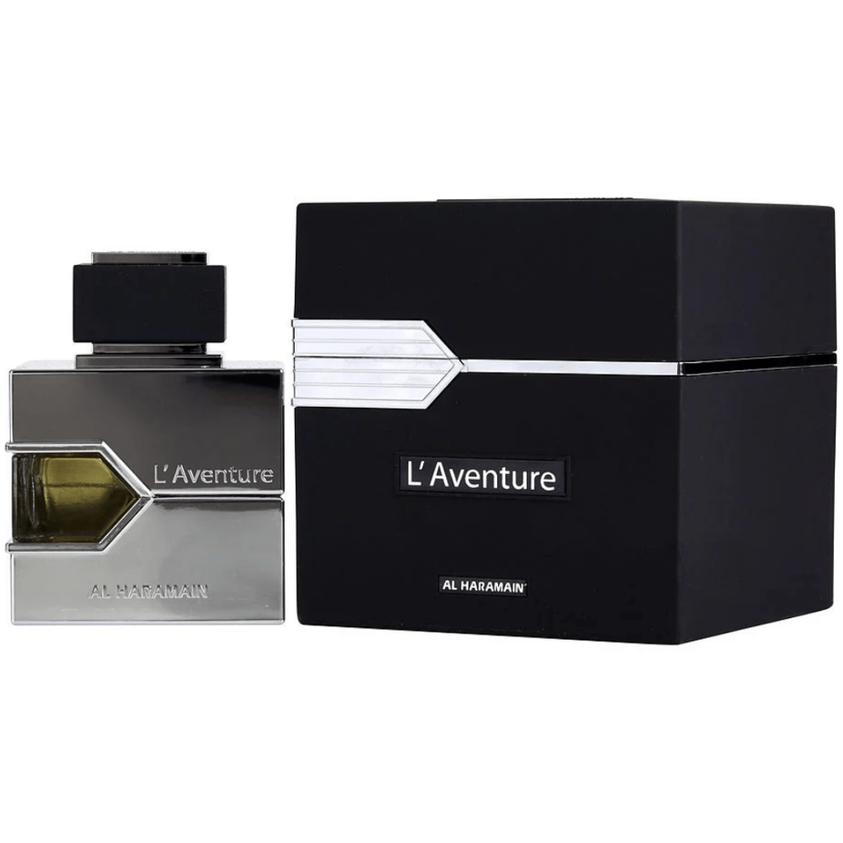 Al Haramain L'Aventure for Men Eau de Parfum spray 100ml with sleek bottle and modern design, showcasing its luxurious fragrance.