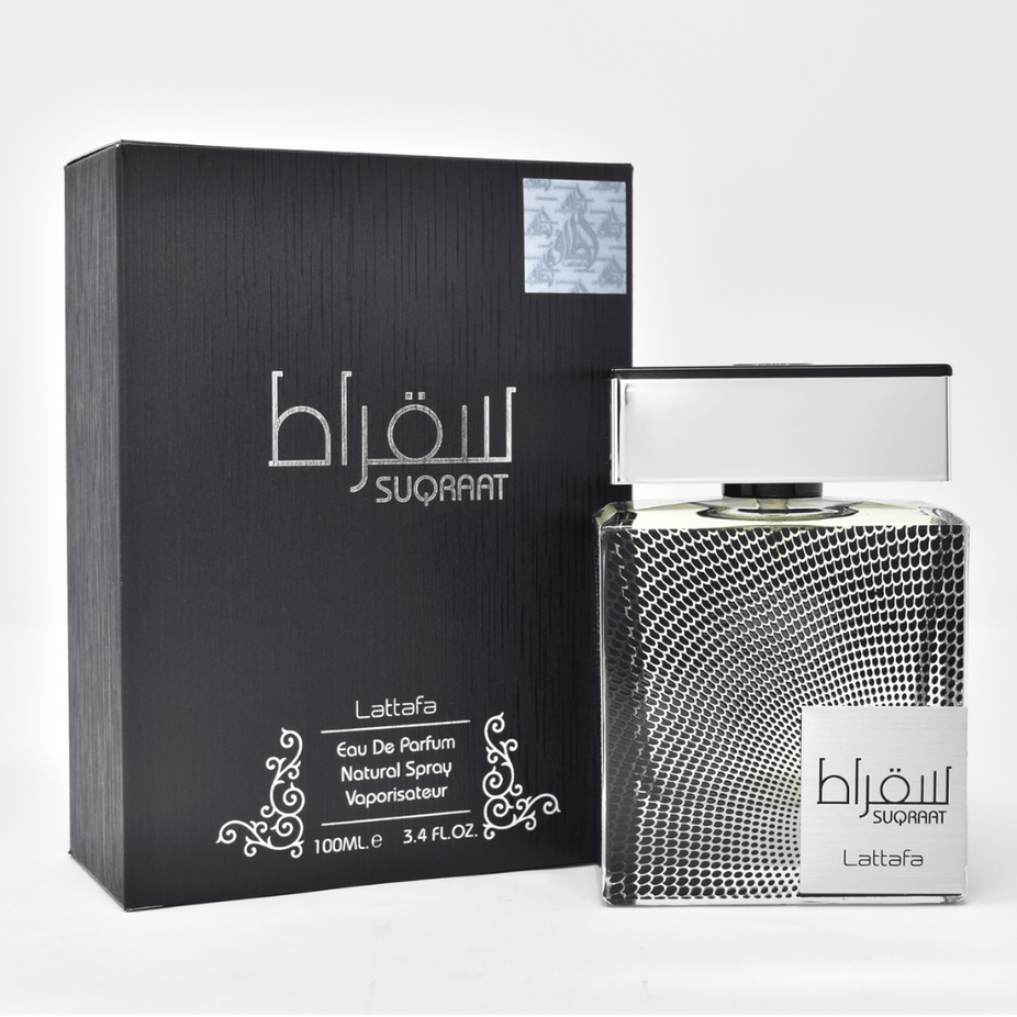 Lattafa Suqraat Eau de Parfum spray 100ml bottle with elegant packaging and clear label, showcasing the luxurious fragrance.