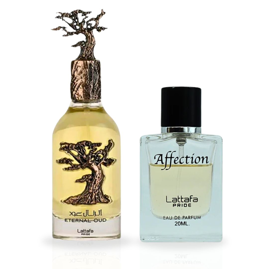 Eternal Oud EDP Spray 100ML (3.4 OZ) & Affection EDP 20ML (0.6OZ) By Lattafa Pride | Long Lasting, Luxurious Fragrances. (DELUXE BUNDLE) - Intense Oud