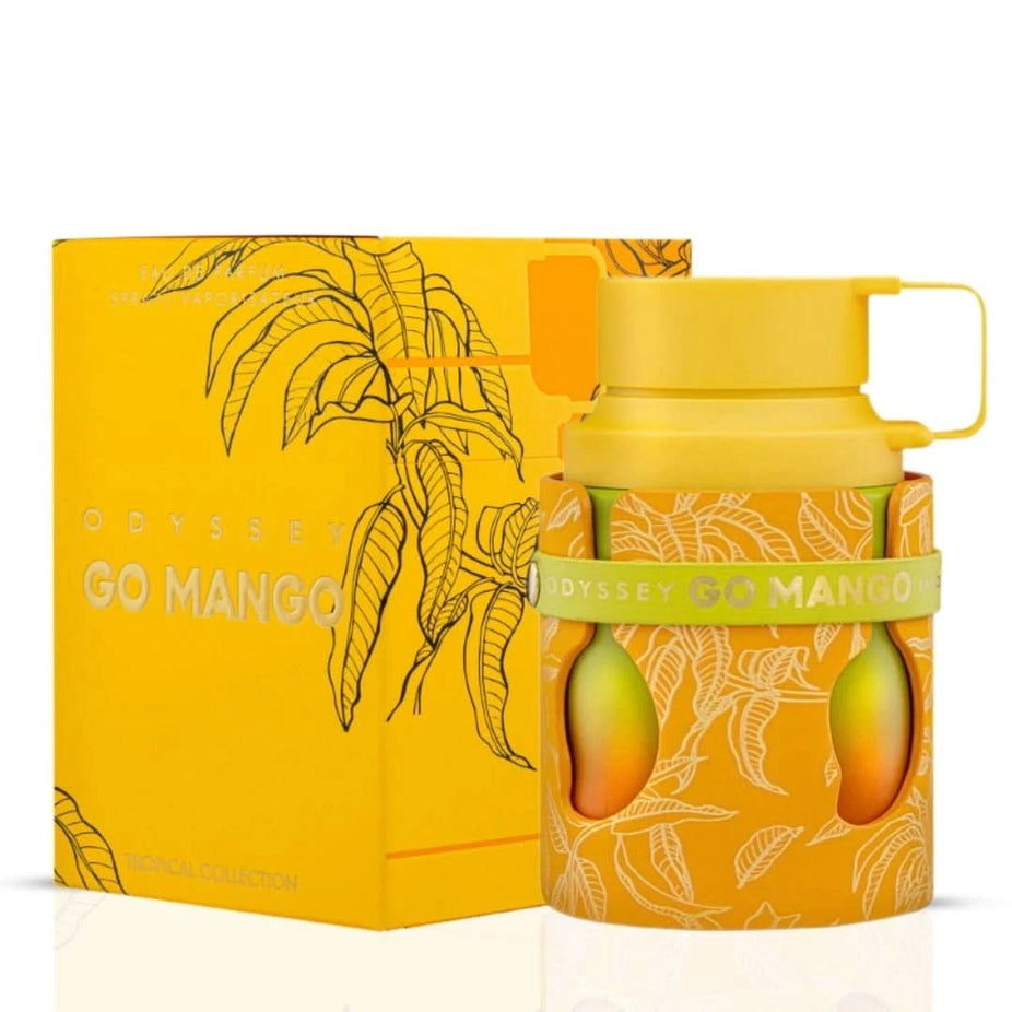 Odyssey Go Mango Tropical Collection Eau de Parfum spray by Armaf, 100ml, featuring a vibrant mango tropical fragrance.