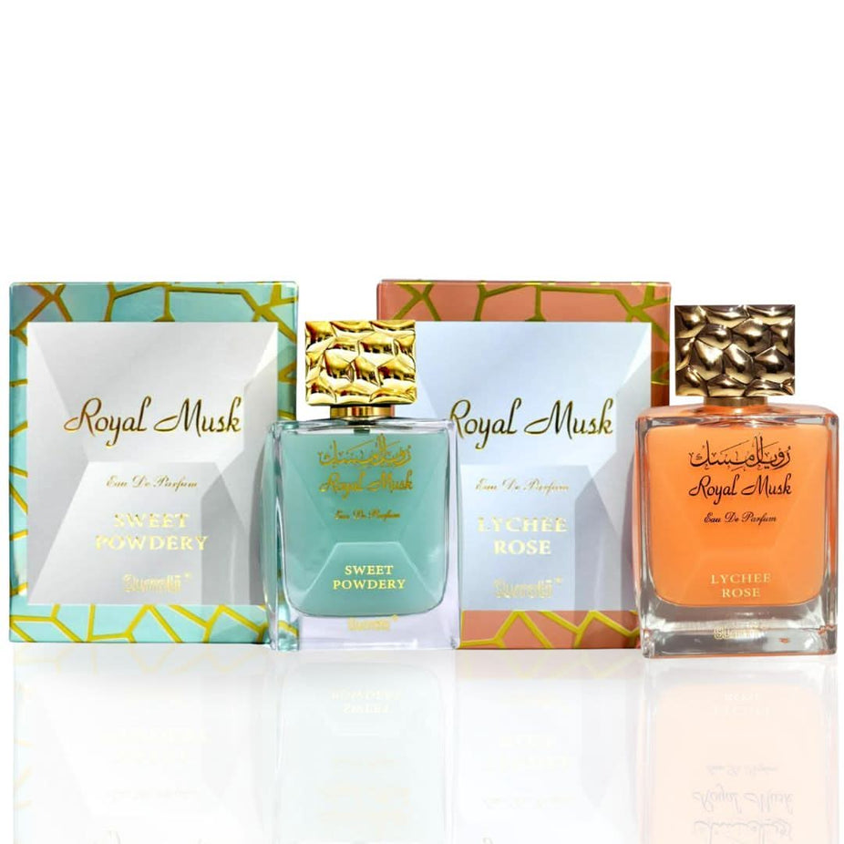 Surrati Royal Musk Sweet Powdery and Lychee Rose Eau De Parfum sprays in 100ml bottles, featuring elegant perfume packaging.