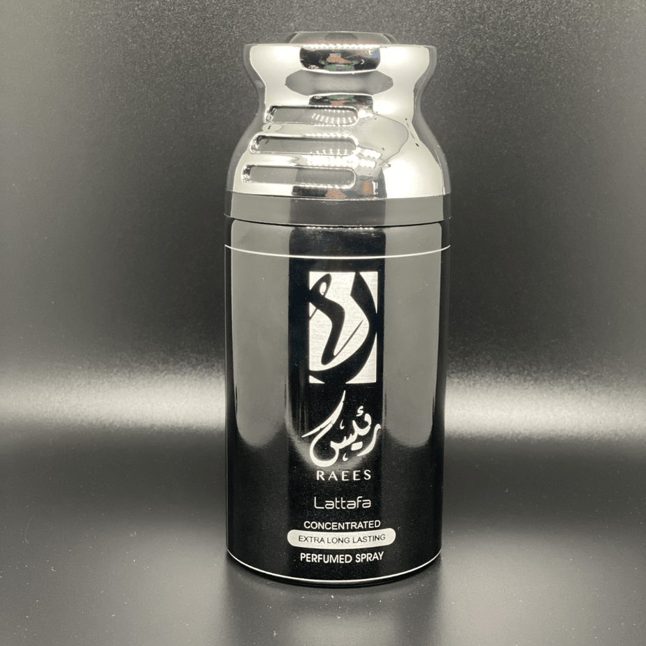 Lattafa Raees deodorant spray bottle, 250ml (8.4oz), with a sleek design, visible spray nozzle, and branding on the label.