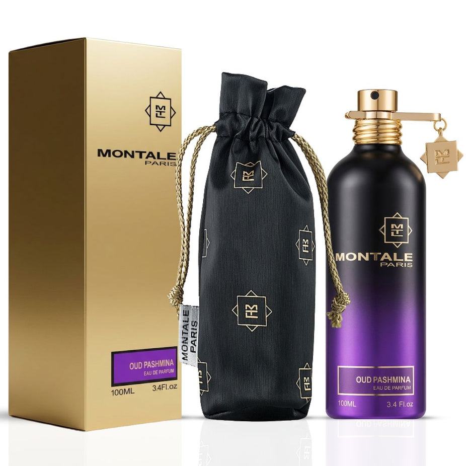 Montale Oud Pashmina Eau de Parfum spray 100ml with elegant bottle, showcasing luxurious fragrance and rich, warm scent profile.