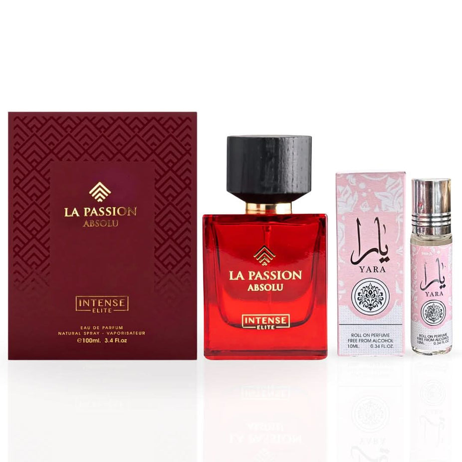 Bundle of Yara Roll-On Perfume Oil by Ard Al Zaafaran and La Passion Absolu Eau de Parfum spray by Intense Oud for women.