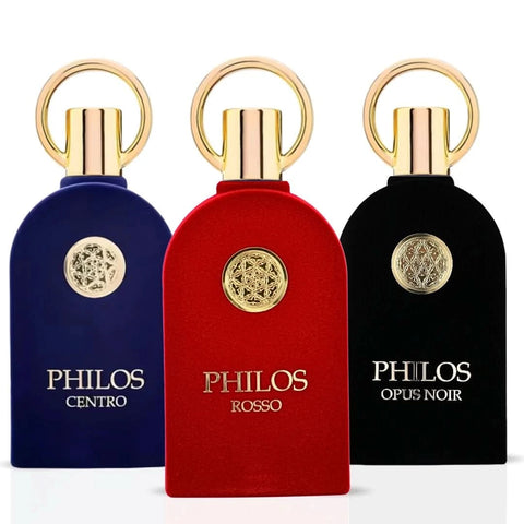 Maison Alhambra Philos Eau de Parfum sprays bundle including Philos Centro, Opus Noir, and Noir in 100ml bottles.
