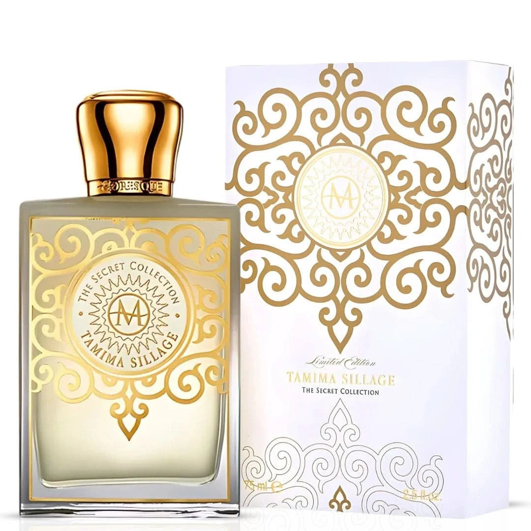 Moresque Tamima Sillage Eau de Parfum spray bottle, 75ml, with elegant packaging and floral fragrance details.