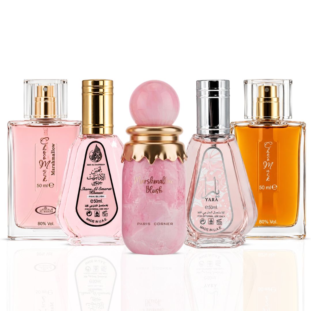 Bundle of perfume sprays including Choco Musk, Pink Blush, Yara, and Marshmallow Blush by Intense Oud, 50ml each.