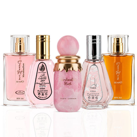 Bundle of perfume sprays including Choco Musk, Pink Blush, Yara, and Marshmallow Blush by Intense Oud, 50ml each.