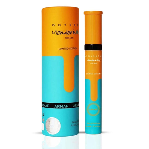 Odyssey Mandarin Sky Eau de Parfum by Armaf, 10ml spray featuring a sleek bottle with a bright, citrus-inspired design.