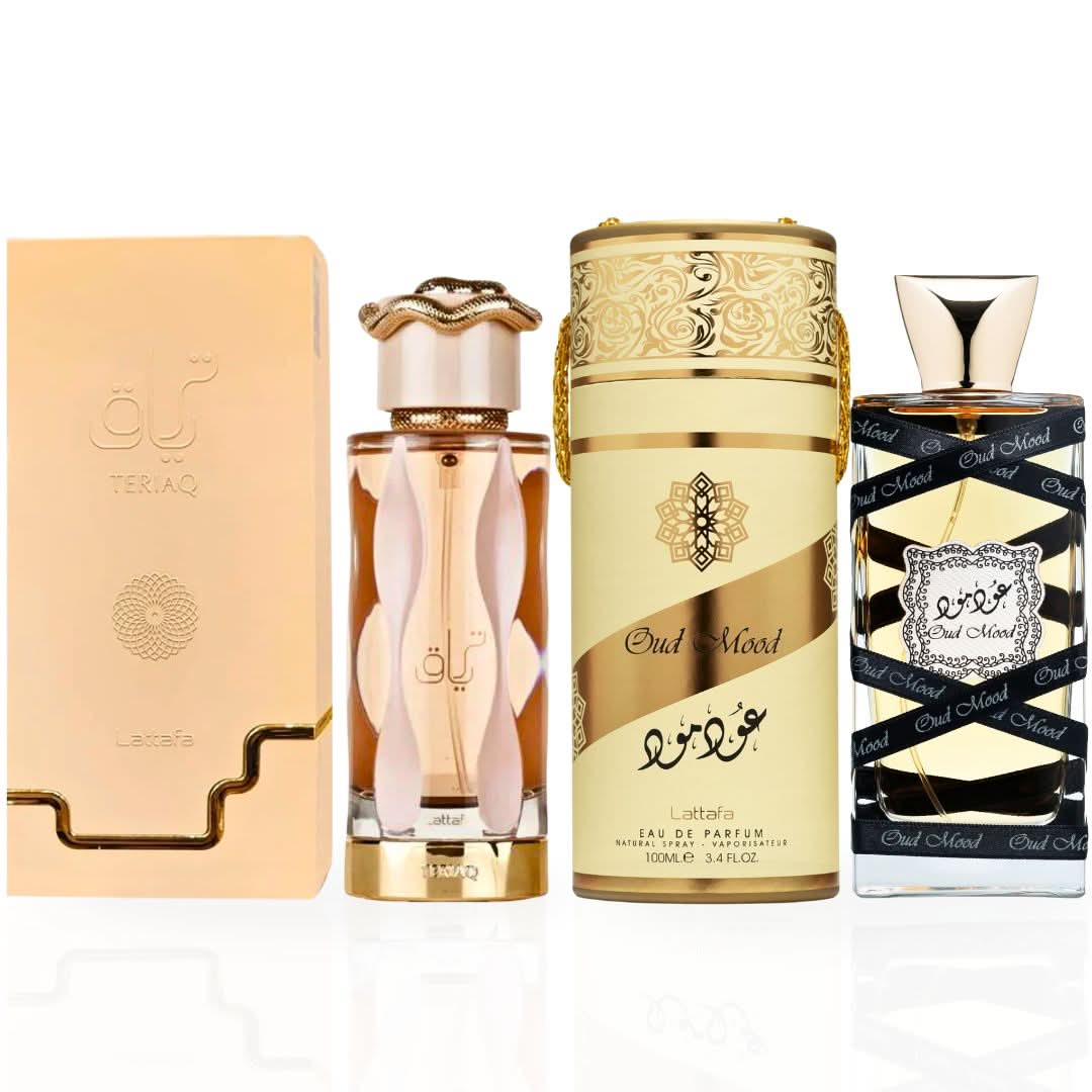 Lattafa Teriaq & Oud Mood Eau de Parfum bundle with two 100ml spray bottles, showcasing elegant fragrance packaging.