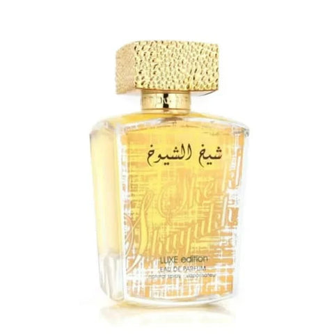 Lattafa Sheikh Al Shuyukh Luxe EDP 30ML perfume bottle with velvet pouch, elegant fragrance packaging for women and men