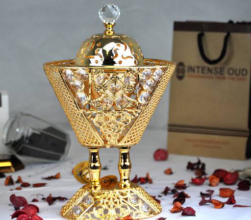 Arabia Incense/Bakhoor Burner (Mabkhara) -Oud Burner, Metal,Tray Inside 9 inch Tall (Golden) - Intense oud