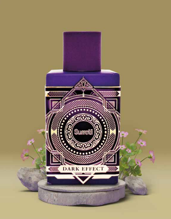 Surrati Dark Effect EDP 100ml, exotic fragrance for men and women, displayed in a sleek glass bottle with dark accents.
