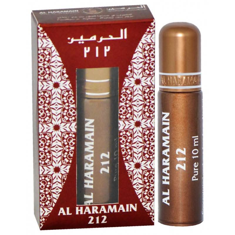 Al Haramain 212 perfume oil in a 10ml bottle, concentrated CPO fragrance with a sleek design and clear branding.