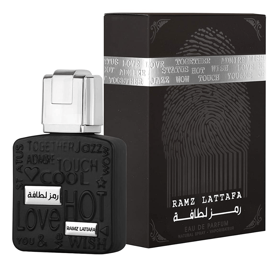 Lattafa Ramz Lattafa Silver for Men EDP bottle, 30ML, sleek design with silver accents, showcasing the men's fragrance container.