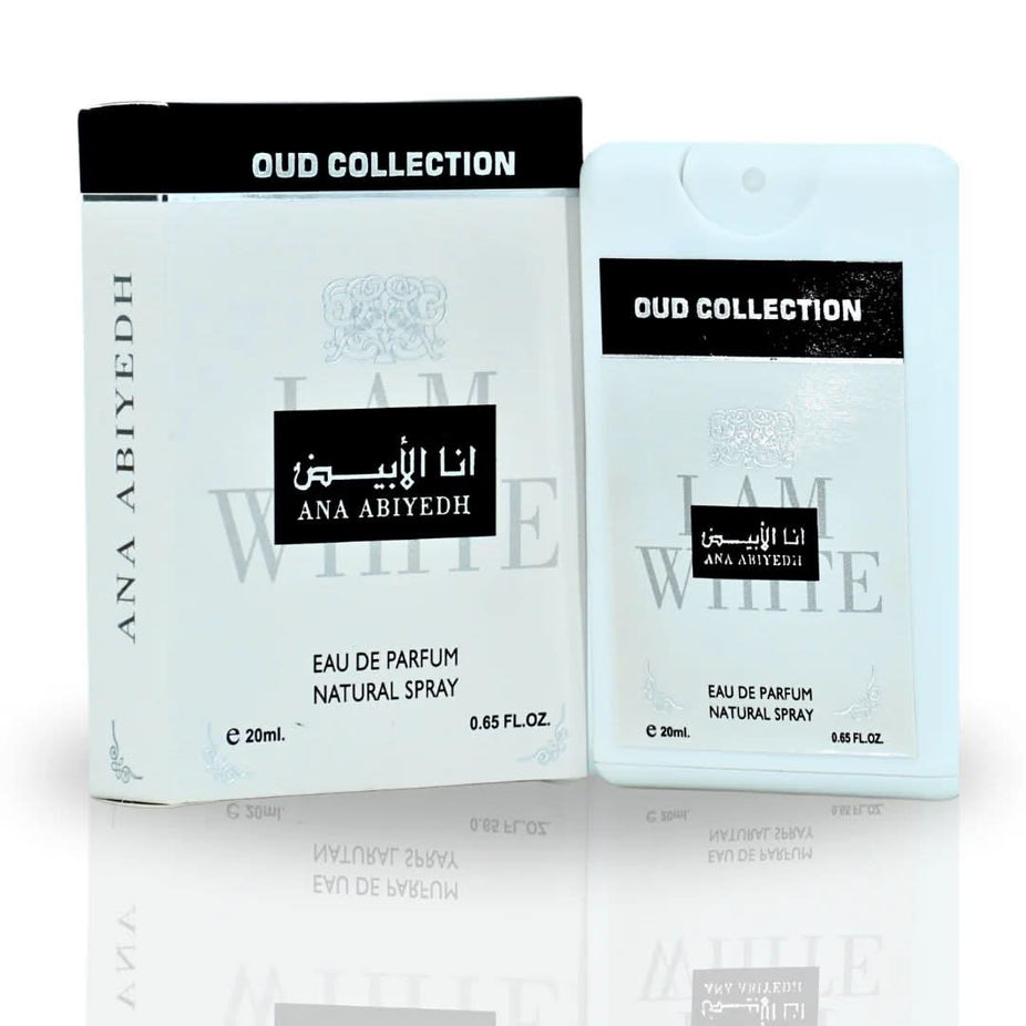 Sample of Ard Al Zaafaran Ana Abiyedh Oud Collection EDP spray in 20ml miniature bottle with floral and woody scent.