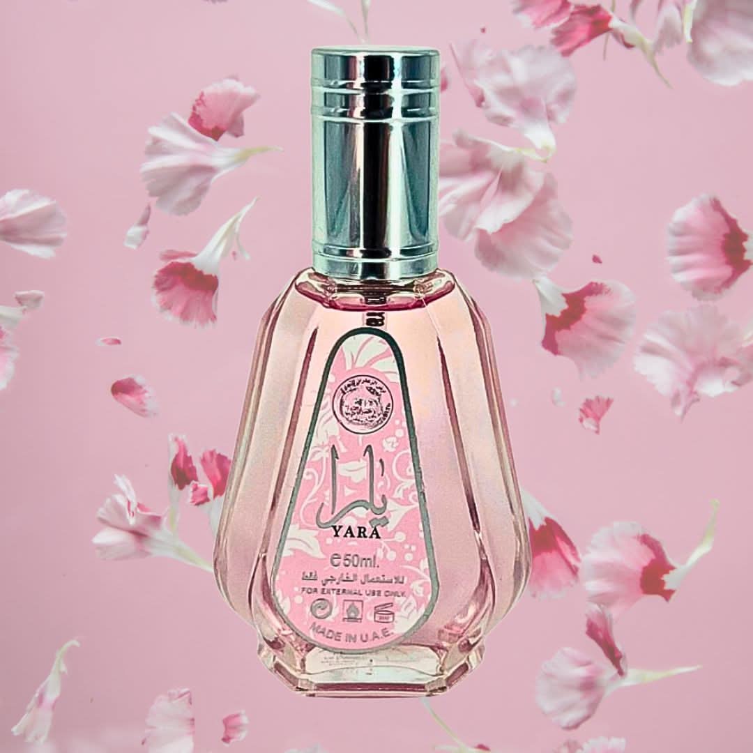 Ard Al Zaafaran Yara Eau de Parfum spray 50ml with velvet pouch, elegant glass bottle showcasing floral and oriental fragrance notes