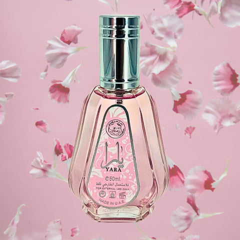 Ard Al Zaafaran Yara Eau de Parfum spray 50ml with velvet pouch, elegant glass bottle showcasing floral and oriental fragrance notes