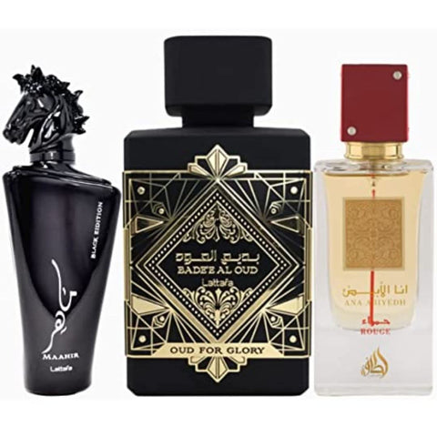 Lattafa Bade'e Al Oud for Glory, Maahir Black, I Am White Ana Abiyedh Rogue EDP 100ml perfume bottles displayed.