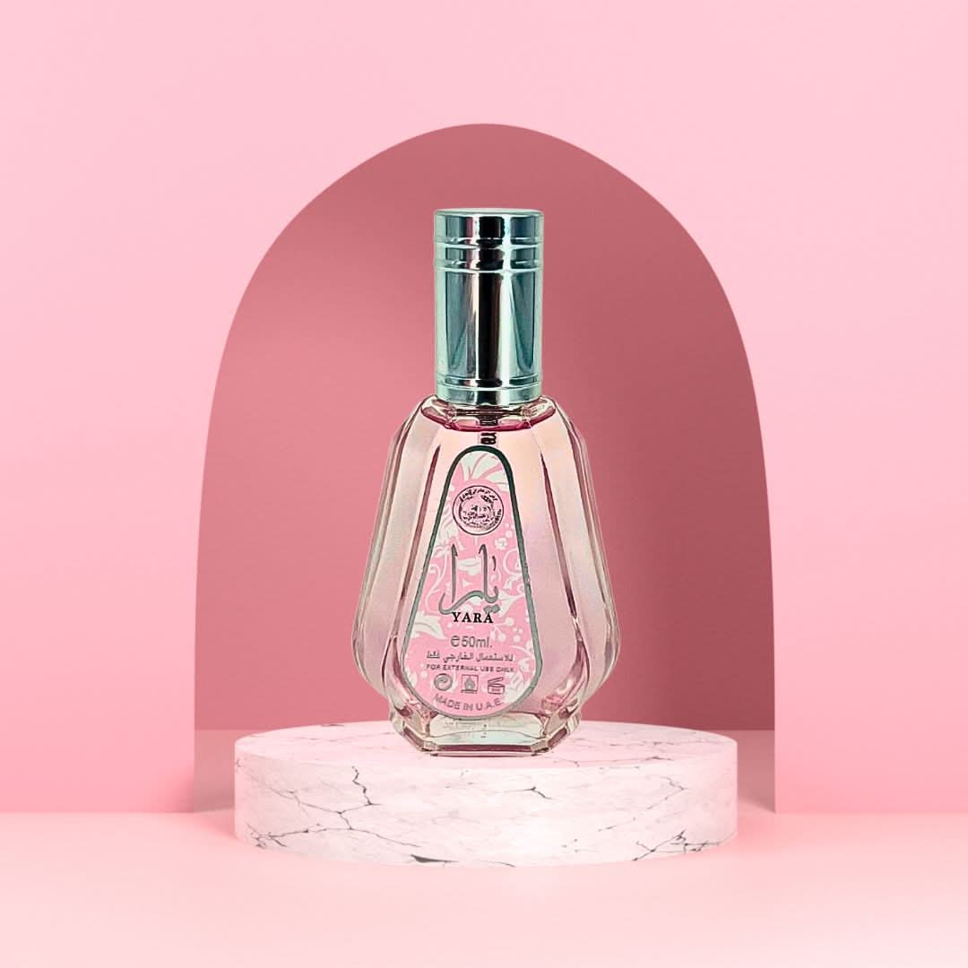 Ard Al Zaafaran Yara Eau de Parfum Spray 50ml in velvet pouch, featuring a sleek glass perfume bottle with floral accents.