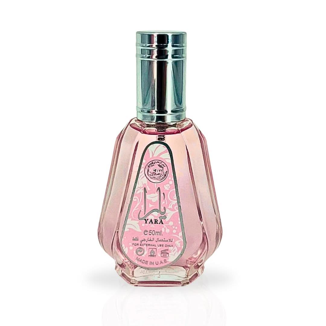 Yara Eau de Parfum Spray by Ard Al Zaafaran in a velvet pouch, 50ml (1.7 oz), featuring elegant bottle design.