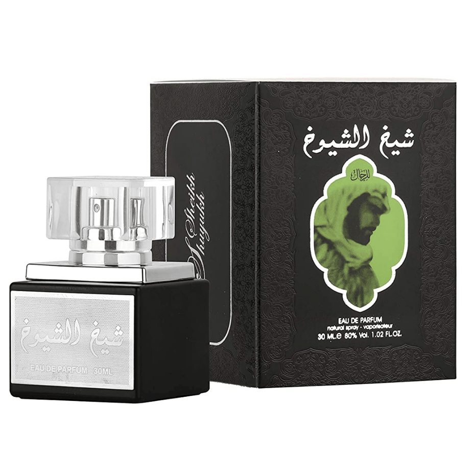 Lattafa Sheikh Al Shuyukh EDP 30ML bottle, elegant glass perfume container with gold accents and fragrance spray nozzle.