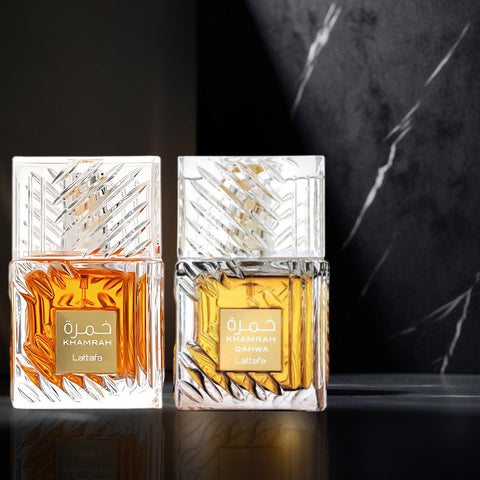 Khamrah & Khamrah Qahwa Eau De Parfum Sprays 100ML (3.4 OZ) by Lattafa | Indulgent Warmth, Cozy Sweetness—Two Scents That Wrap You in Luxury. (Bundle) - Intense Oud