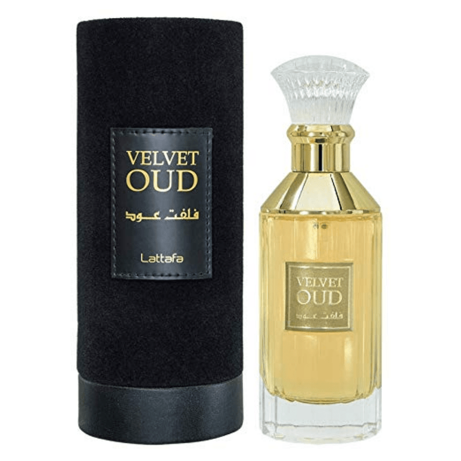 Velvet Oud Eau De Parfum by Lattafa, 30ML bottle, elegant glass packaging with a velvet scent theme.