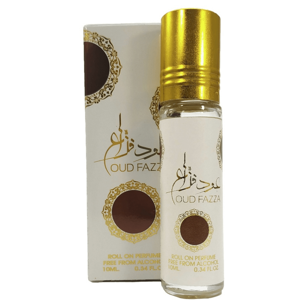 Three 10ml bottles of Oud Fazza concentrated perfume oil by Ard Al Zaafaran in clear glass bottles with black caps.