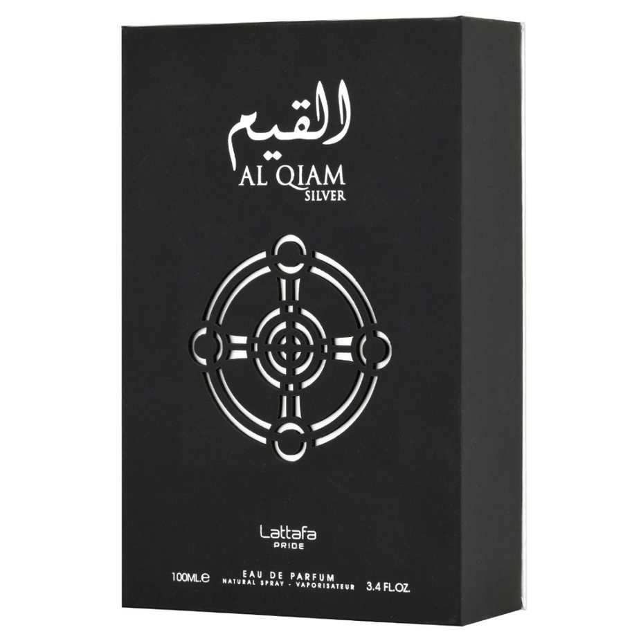 Al Qiam Silver Eau De Parfum by Lattafa Pride in 100mL bottle, sleek silver packaging with elegant design.