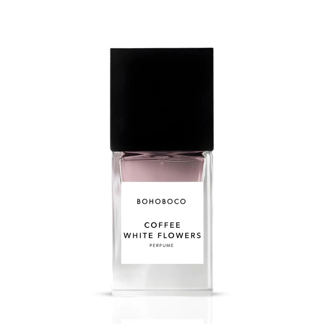 Bohoboco Coffee White Flowers Eau de Parfum spray bottle with white floral design, 50ml, shown from a front view.