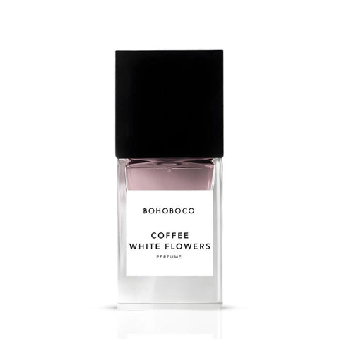 Bohoboco Coffee White Flowers Eau de Parfum spray bottle with white floral design, 50ml, shown from a front view.