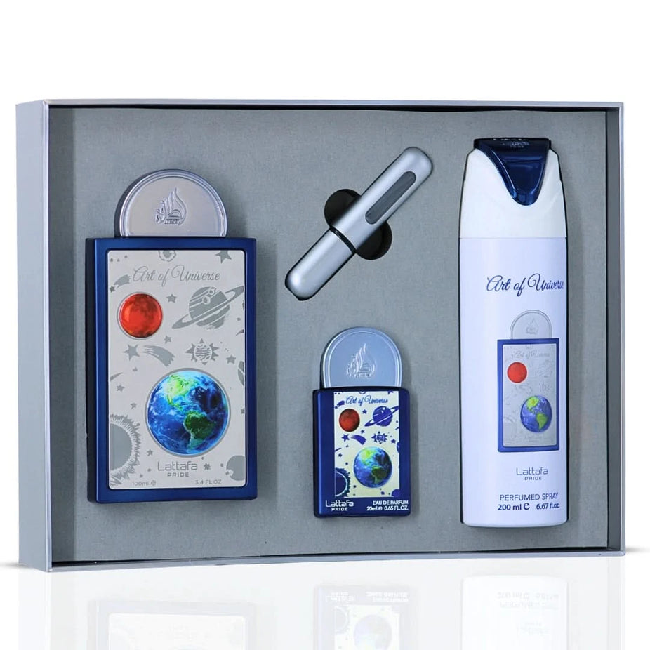 Lattafa Pride Art of Universe 3-piece perfume gift set with three elegant bottles and decorative packaging.