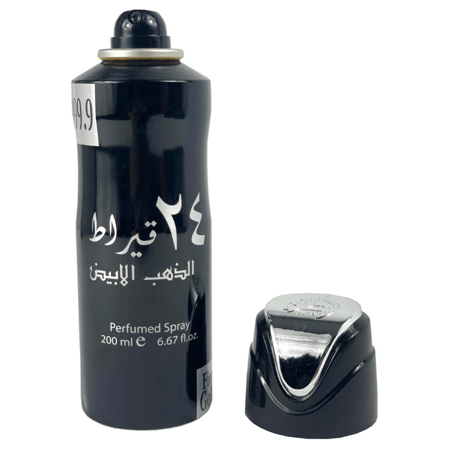 Lattafa 24 Carat White Gold deodorant spray bottle, 200ml, with elegant white and gold packaging visible.