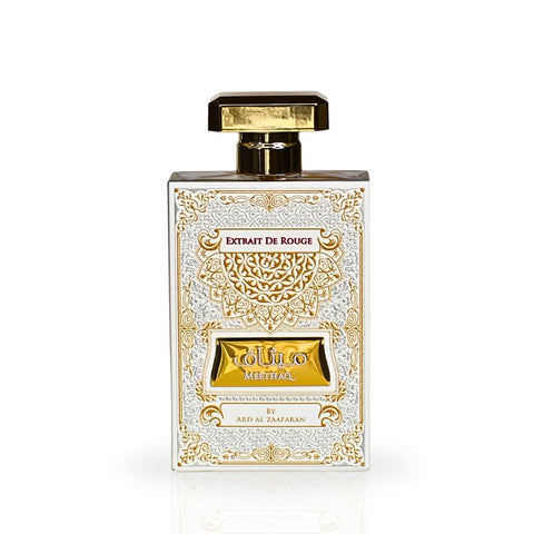 Ard Al Zaafaran Meethaq Extrait De Rouge Eau de Parfum spray with velvet pouch, 100ml, featuring elegant perfume bottle.