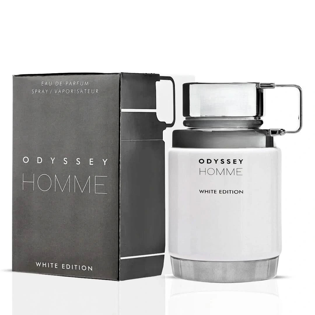 Odyssey Homme White and Odyssey Revolution Ultra Eau de Parfum sprays by Armaf, 100ml bundle, featuring sleek bottles and elegant packaging.