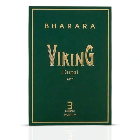 Bharara Viking Dubai Eau De Parfum spray bottle, 100ml, featuring a sleek design and BHARARA branding.