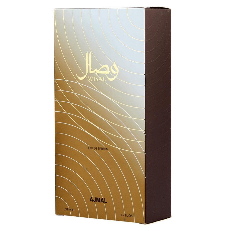 Wisal for Women EDP by Ajmal, 50ml bottle, elegant perfume bottle with floral design and a sleek, modern look.