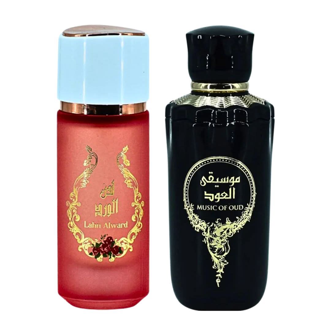 RISALA Lahn Alward 75ml and Music Of Oud 100ml Eau de Parfum sprays bundle, featuring elegant bottles and luxurious fragrance designs.