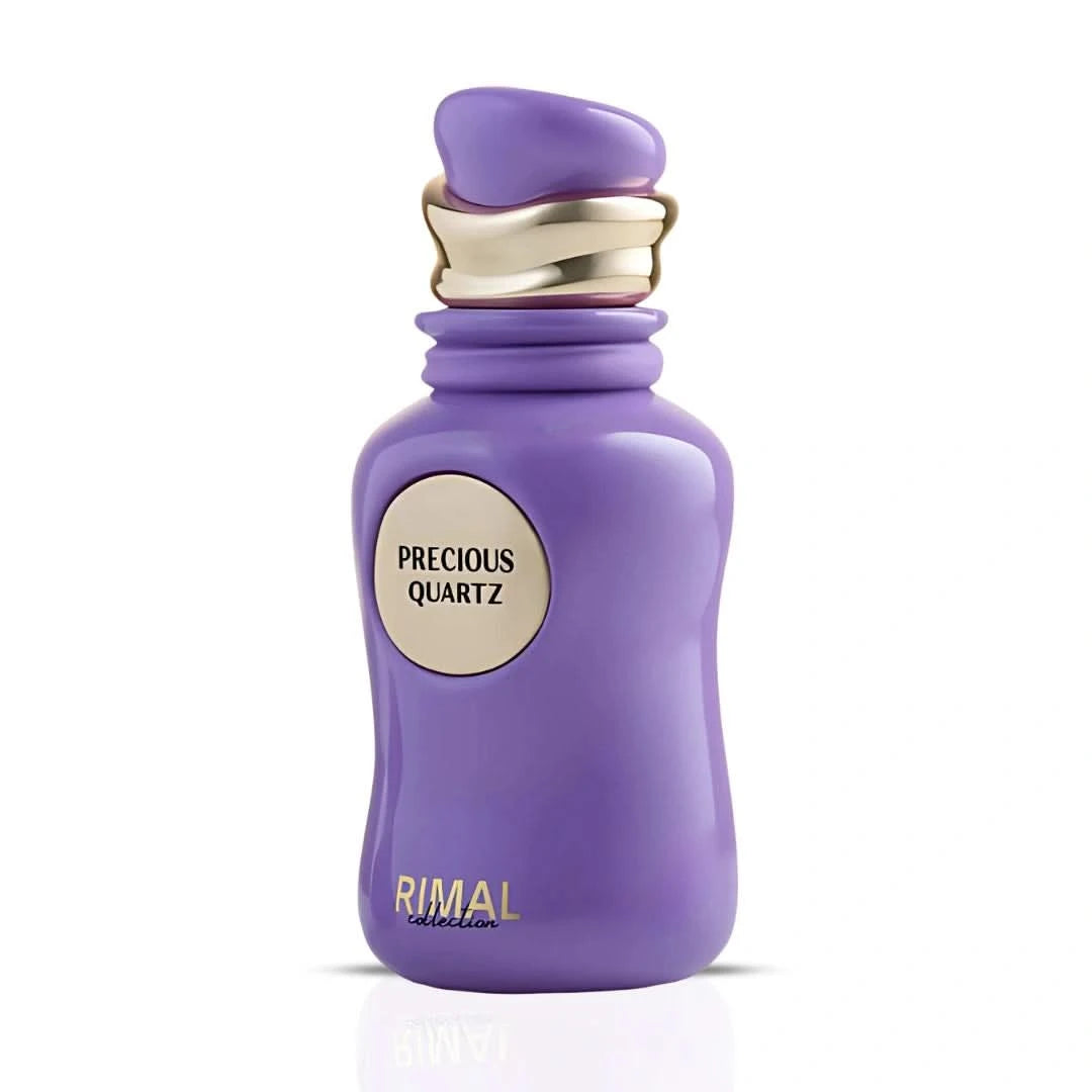 Precious Quartz Eau de Parfum spray by Rimal Collection in a sleek 100ml bottle, featuring a clear glass design and elegant cap.