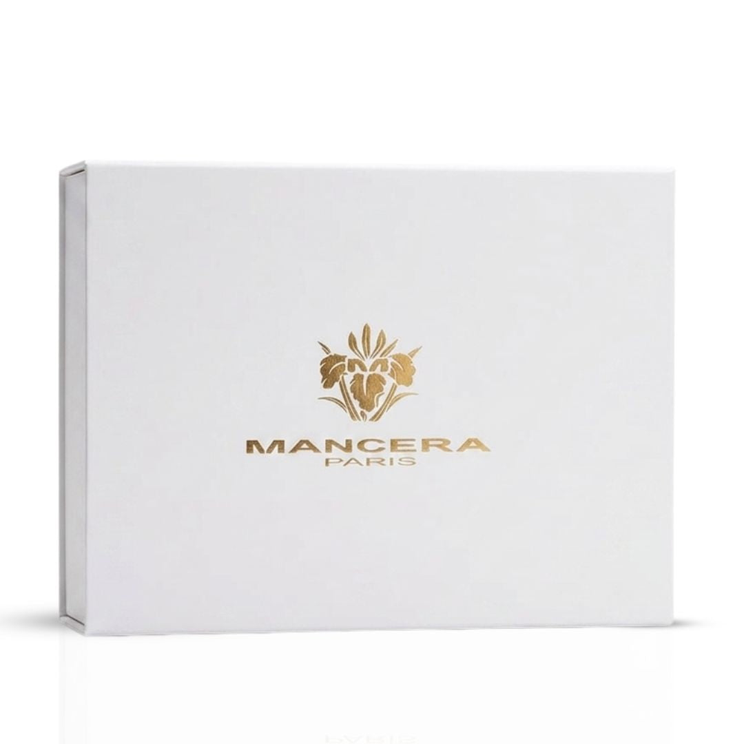 Mancera Discovery Set with five 8ml Eau de Parfum bottles, showcasing sleek packaging and various fragrance caps.