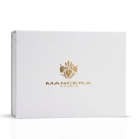 Mancera Discovery Set with five 8ml Eau de Parfum bottles, showcasing sleek packaging and various fragrance caps.