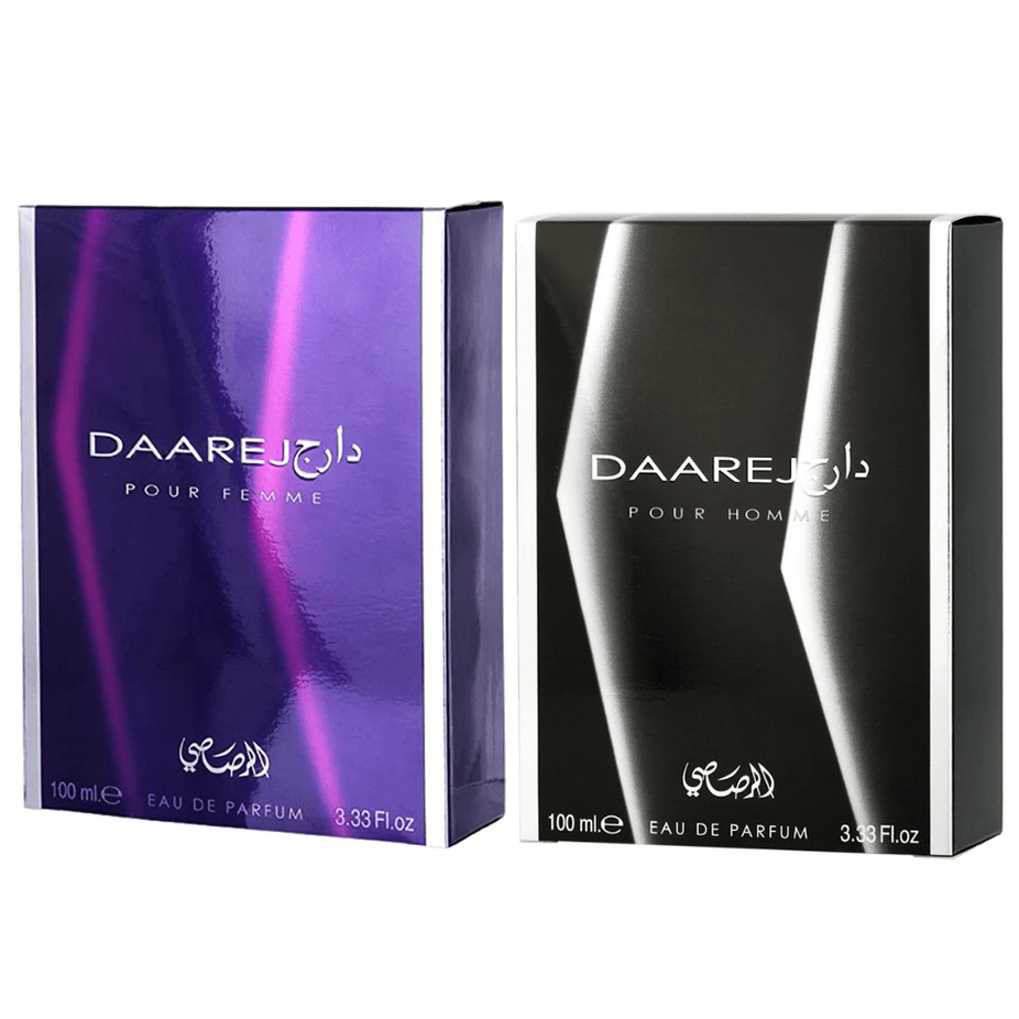 Daarej EDP couple set by Rasasi, featuring two 100ml bottles of men's and women's fragrances in sleek packaging.