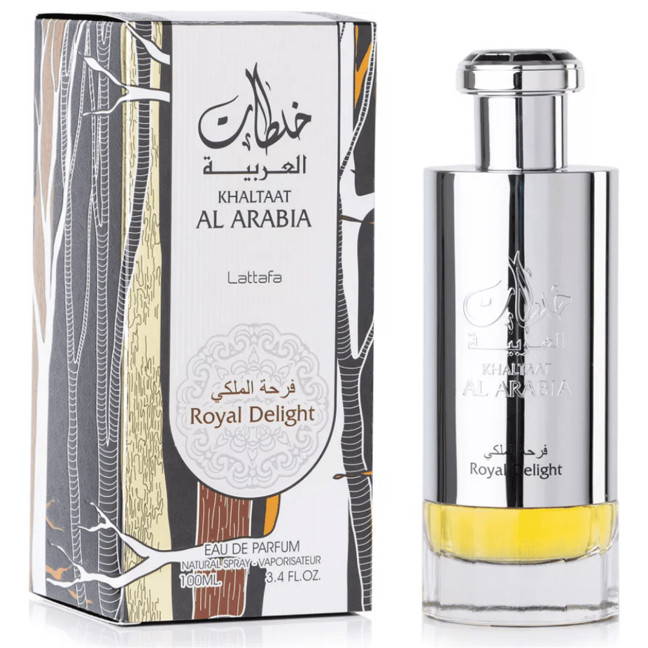 Lattafa Khaltaat Al Arabia Royal Delight Eau De Parfum 100ML bottle with elegant design and floral accents.
