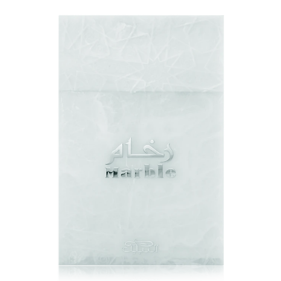 Nabeel Marble for Men Eau De Parfum bottle, 80 ML, with elegant marble design and clear fragrance label, on a neutral background.