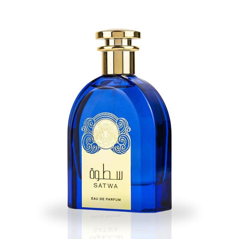 Ard Al Zaafaran Satwa Eau de Parfum spray 100ml with velvet pouch, showcasing the elegant perfume bottle and packaging.