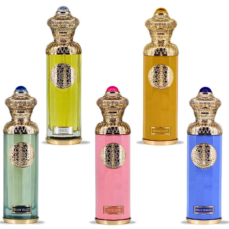 Heritage Collection Eau de Parfum sprays by Surrati, 140ml, featuring elegant perfume bottles with intricate designs.