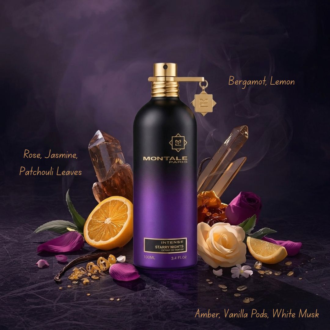 Montale Intense Starry Nights Extrait de Parfum spray bottle, 100ml, with elegant packaging and dark, starry-themed design.