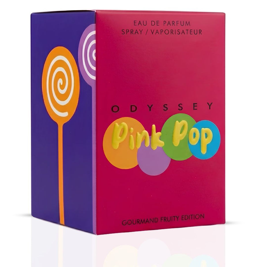Odyssey Pink Pop Eau de Parfum spray by Armaf, 100ml bottle, with pink floral design on the elegant perfume packaging.
