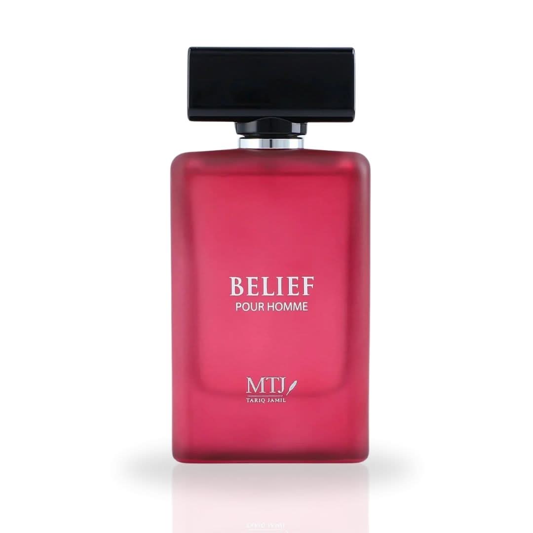 MTJ Belief Pour Homme EDP spray 100ML featuring floral, exotic spices, and warm notes in a sleek bottle.